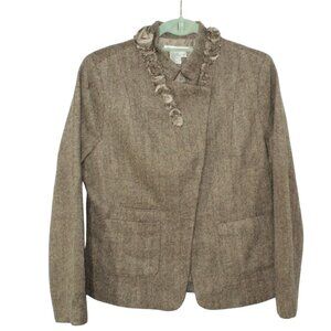 Winter Silks Womens Brown Herringbone Ruffle Wool Blend Blazer Size 12 Old Money